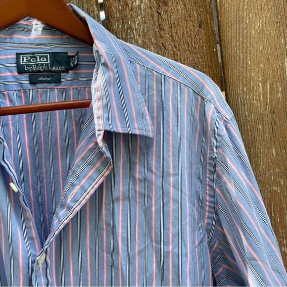 POLO RALPH LAUREN Men’s Blue Pink Stripe Button Down Long Sleeve Shirt 17.5 44 - Picture 5 of 12
